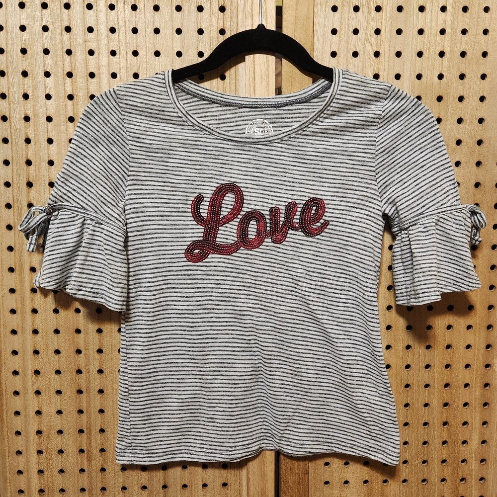 Girl Tee Size 10 Sequins Love Gray Black Red SO Brand Ties On Sleeves Ruffle